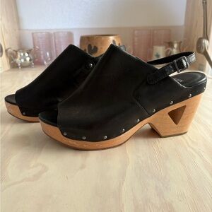 Eileen Fisher Studded Black Leather Clogs Open Toe Slingback Wood Platform